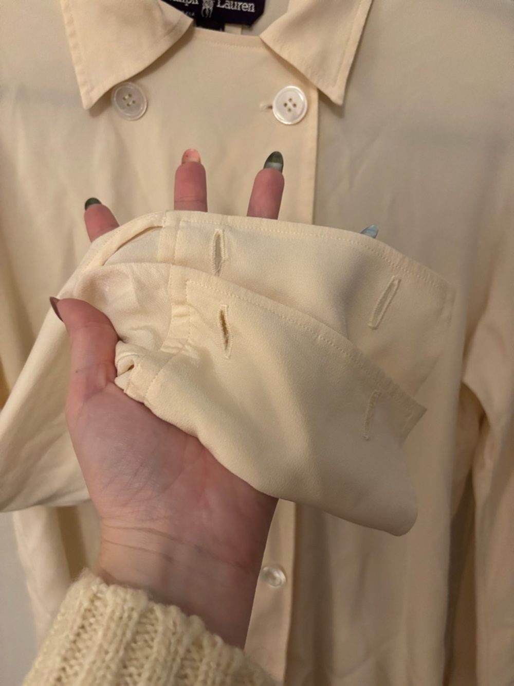 Vintage Ralph Lauren Ivory 100% Silk Double Breast Blouse Size 4 Dolman Sleeves - Picture 3 of 5